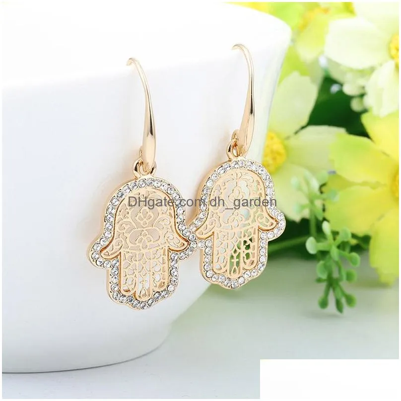 Dangle & Chandelier New Arrival Punk Style Gold Palting Crystal Copper Drop Earring For Women Hamsa Hand Fatima Palm Fashio Dhgarden Dhl0Q