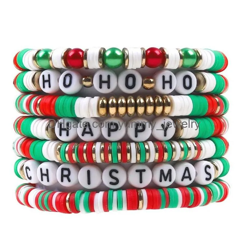 Beaded 7Pcs Christmas Beaded Bracelets Set Holiday Heishi Stretch Strands Red Green Polymer Clay Letter Stackable Friendship Charms S Dhg1G