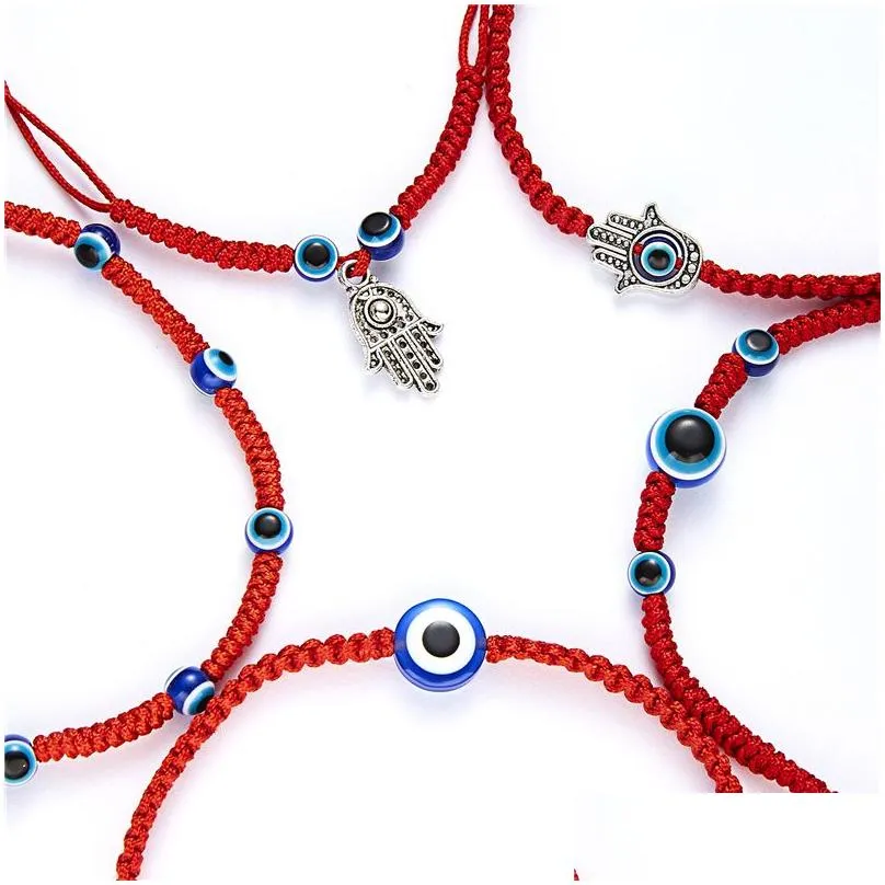 Charm Bracelets Lucky Blue Evil Eye Charms Bracelets Fatima Hamsa Hand Adjustable Red String Thread Rope Couple Bangles Women Men Hea Dhmso