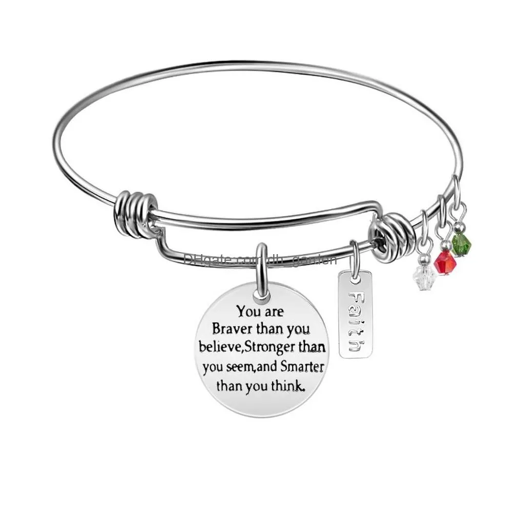 Bangle High Quality Inspirational Faith Pink Birthstone Charm Bracelet Bangle For Women 60Mm Expandable Stainless Steel Siz Dhgarden Dhwzb