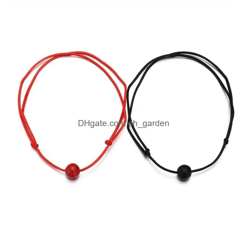 Chain New 2Pcs/Set Matte Lava Stone Natural Bead Bracelet Red String Braiding Couple Bracelets For Men Women With Wish Card Dhgarden Dhihb