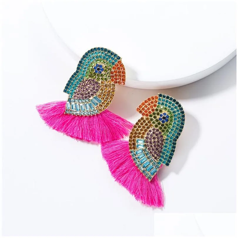 Stud Parrot Tassel Earrings Studs Casual Party Simple Acrylic Dangle Fashion Metal Rhinestone Birds Drop Earring Womens Charm Stateme Dhfsz