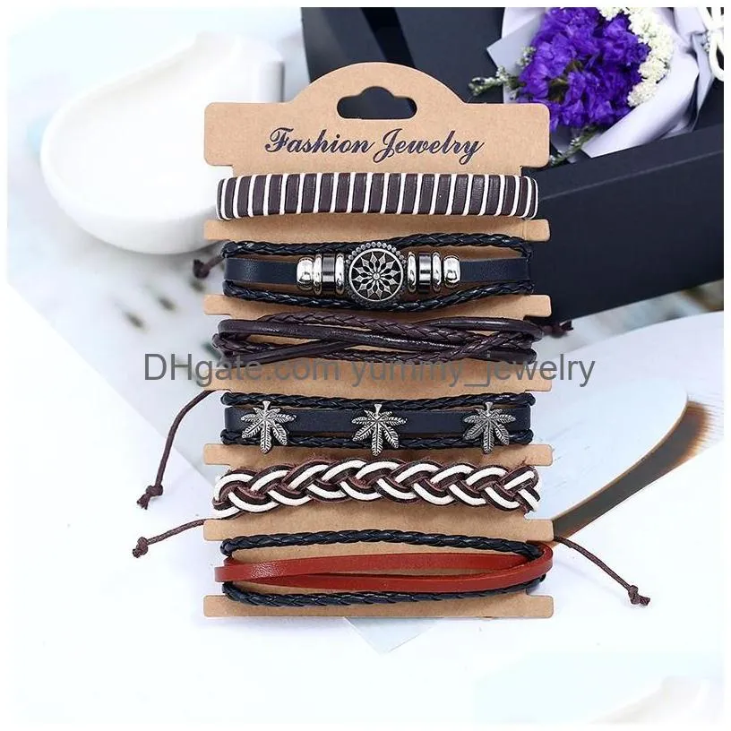 Charm Bracelets 6 In 1 Braided Charm Bracelets For Men Women Diy Fashion Vintage Jewelry Mtilayer Genuine Leather Bangle Waist Bands Dhv5N