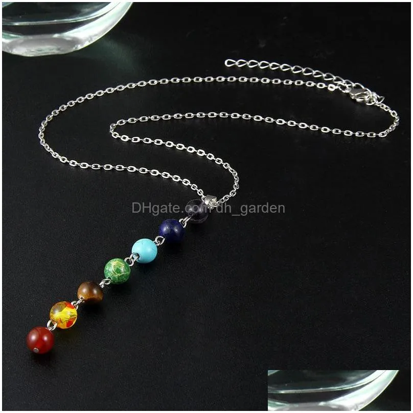 Pendant Necklaces Sier Color Simple Style 7 Chakra Mticolor Natural Stone Beads Pendant Necklace Long Chain For Women Charm Dhgarden Dhldb