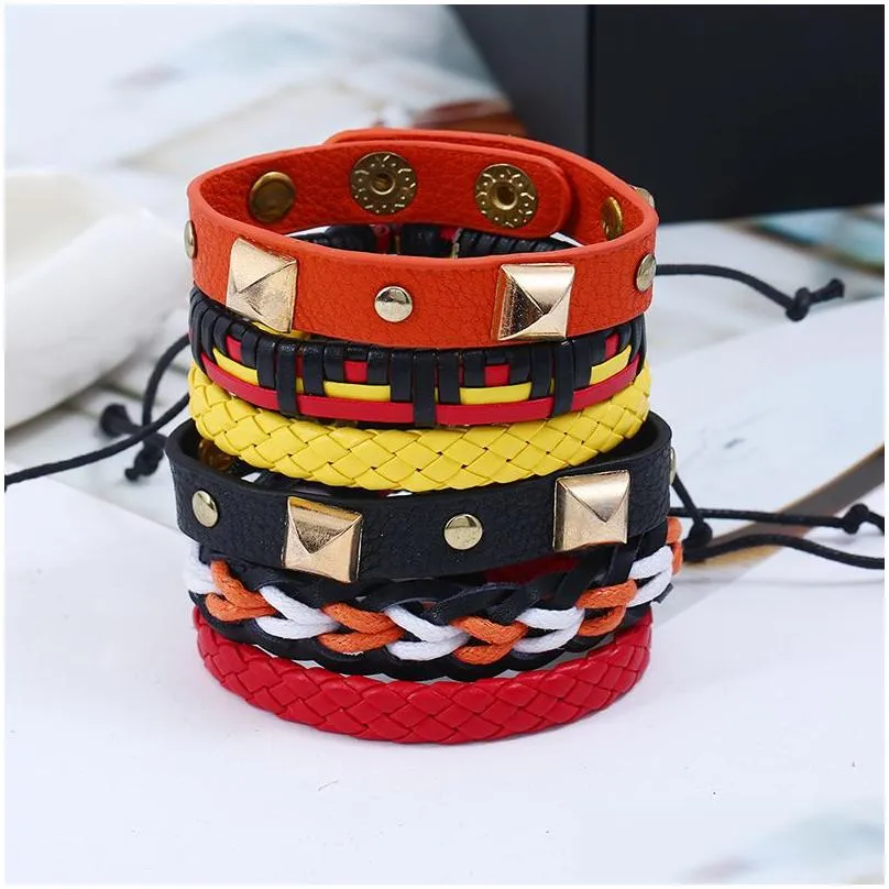 Charm Bracelets Genuine Leather Bracelets Set Snap Clasp Fashion Metal Adjustable Bead Charm Bangle Mtilayer Wrap Women Punk Jewelry Dhuma