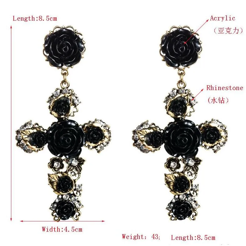 Stud Long Cross Studs Earrings Women Retro Baroque Rose Flower Crystal Rhinestone Dangles Black Red White Color Fashion Design Acryli Dhtqd