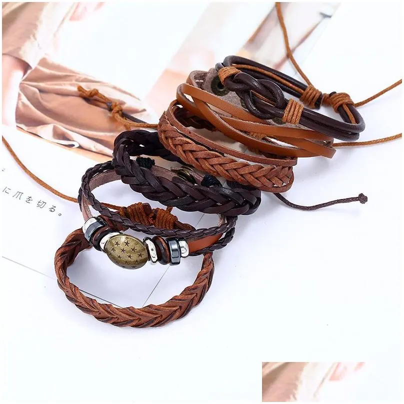 Charm Bracelets 6Pcs Set Braid Bracelets Fashion Punk Mtilayer Wrap Beads Cuff Bangle Vintage Mens Genuine Leather Wristbands For Wom Dhjmi