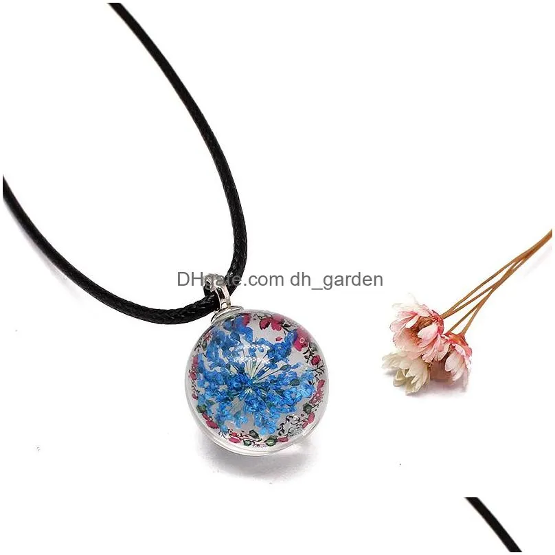 Pendant Necklaces 9 Colors Dried Flower Choker Pendant Necklaces For Women Girls Black Leather Rope Chain Glass Ball Charm Necklace Pi Dhz4K