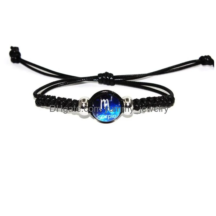 Charm Bracelets Fashion Hand Made Adjustable Leather Bracelets Black Rope Chain Luminous 12 Constellations Zodiac Signs Beads Bangle Dhqke