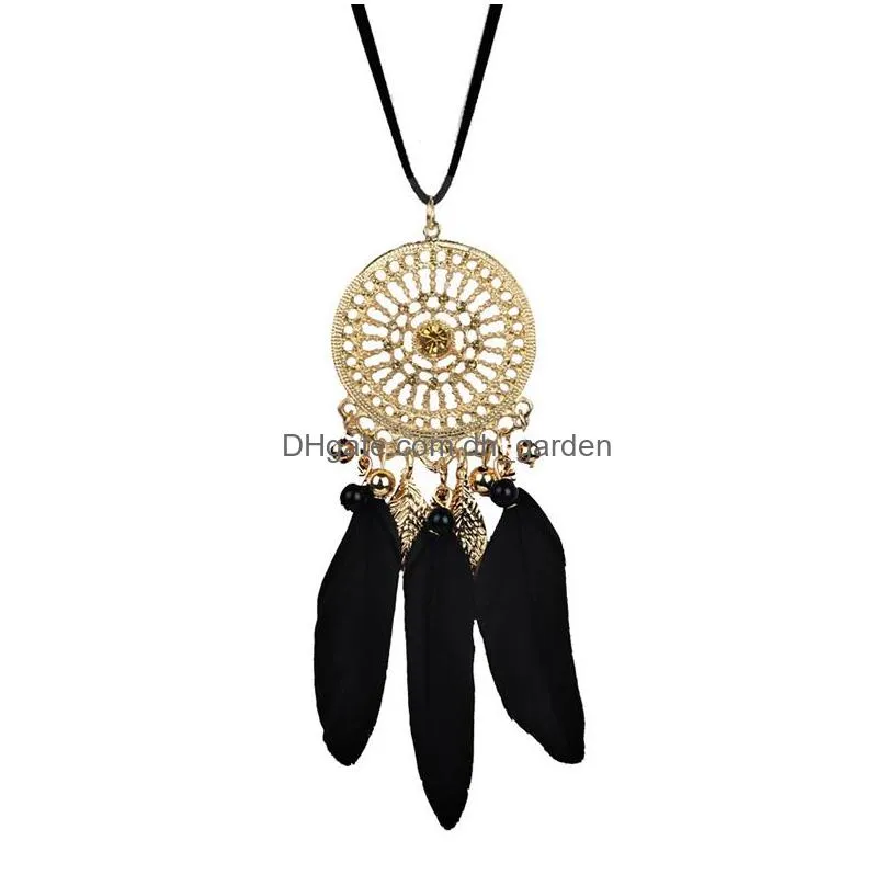 Pendant Necklaces New Arrival Sliver Hollow Dream Catcher Tassel Pendant Necklace For Women Elegant Red Black Feather Bohemi Dhgarden Dhnqc