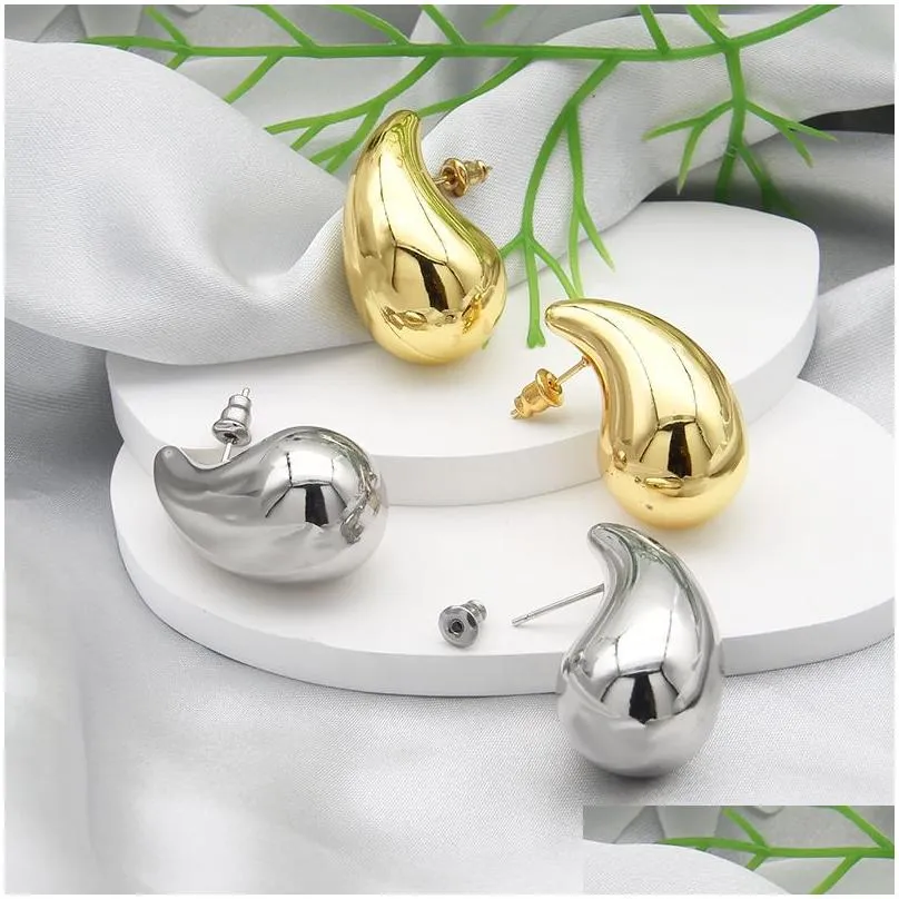 Stud 32X18Mm Stainless Steel Stud Earrings Punk Smooth 14K Gold Plated Exaggerated Dupes Teardrop Fashion Chunky Hallow Bottega Water Dhy3X