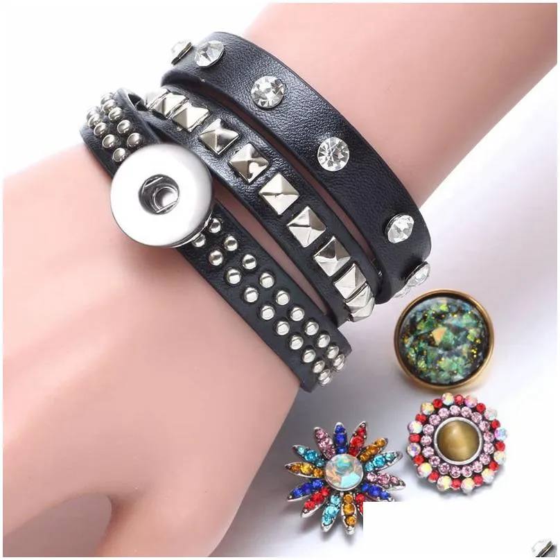 Charm Bracelets 18Mm Diy Noosa Snap Bracelet Charms Black Leather Wrap Jewelry For Women European Rivet Crystal Diamond Punk Bracelet Dhchj