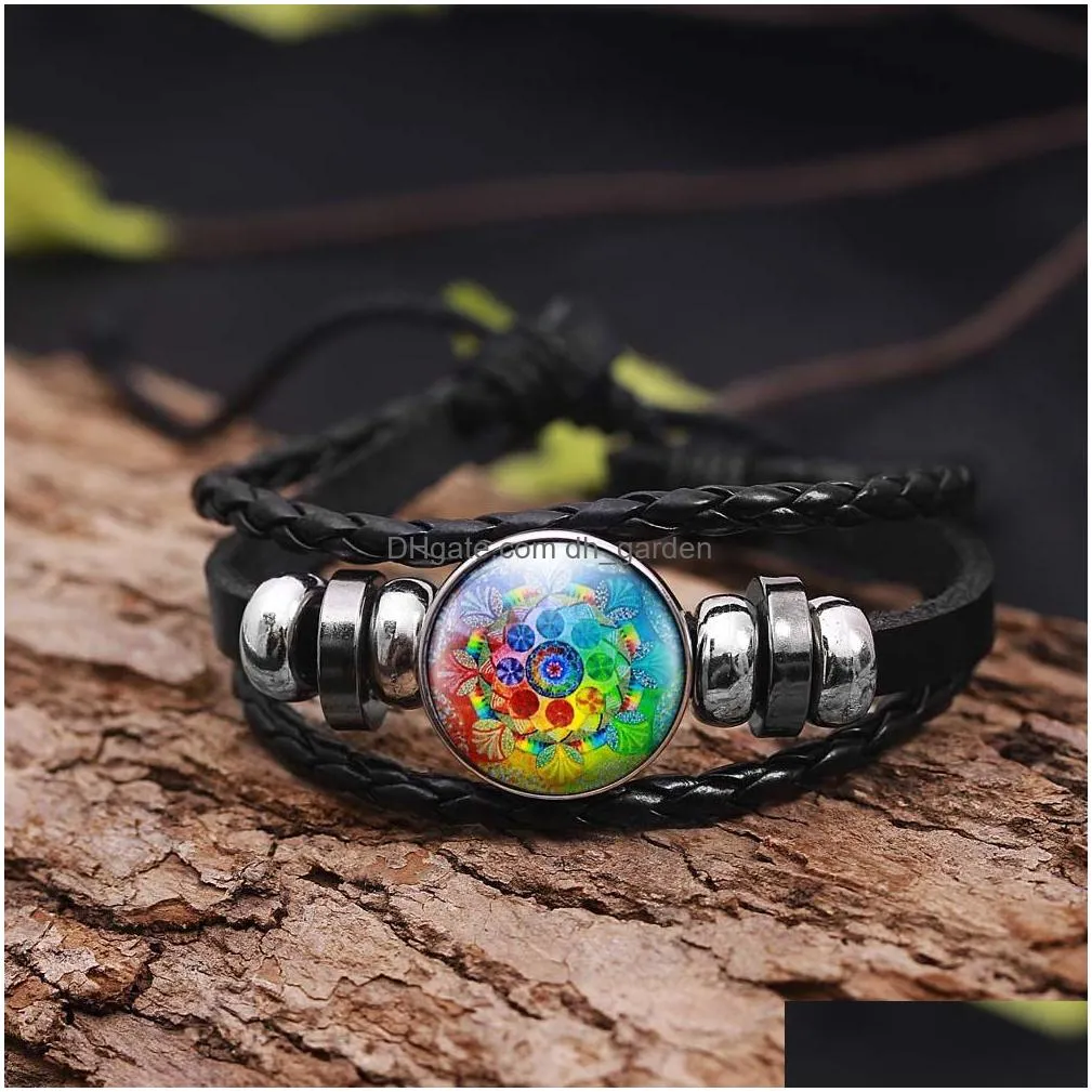 Chain Handmade Mandala Flower Pattern Dome Leather Bracelet For Women Mtilayer Om Symbol Yoga Buddhism Glass Trendy Jewelry Drop Deli Dhpon