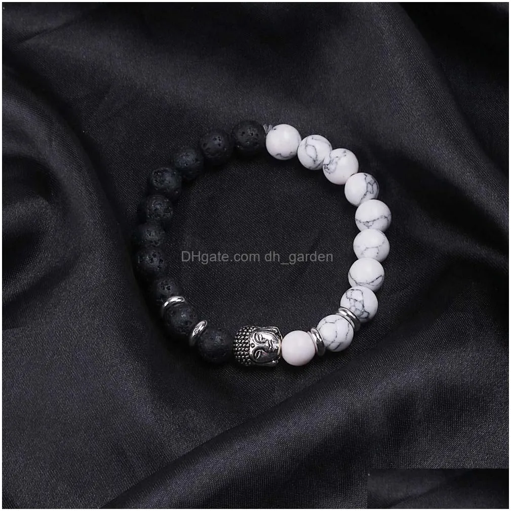 Beaded High Quality White Turquoise Buddha Head Beaded Bracelet For Women Handmade 8Mm Lava Rock Stone Healing Beads Jewelry Gift Dro Dh6Dz