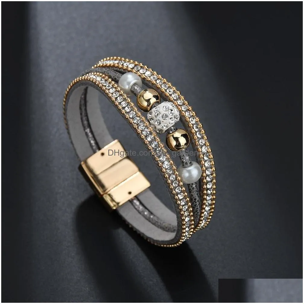Chain Mtilayer Magnetic Buckle Leather Bracelet For Women Retro Crystal Ball Black Red White Color Pearl Fashion Jewelry Drop Deliver Dh7Ie