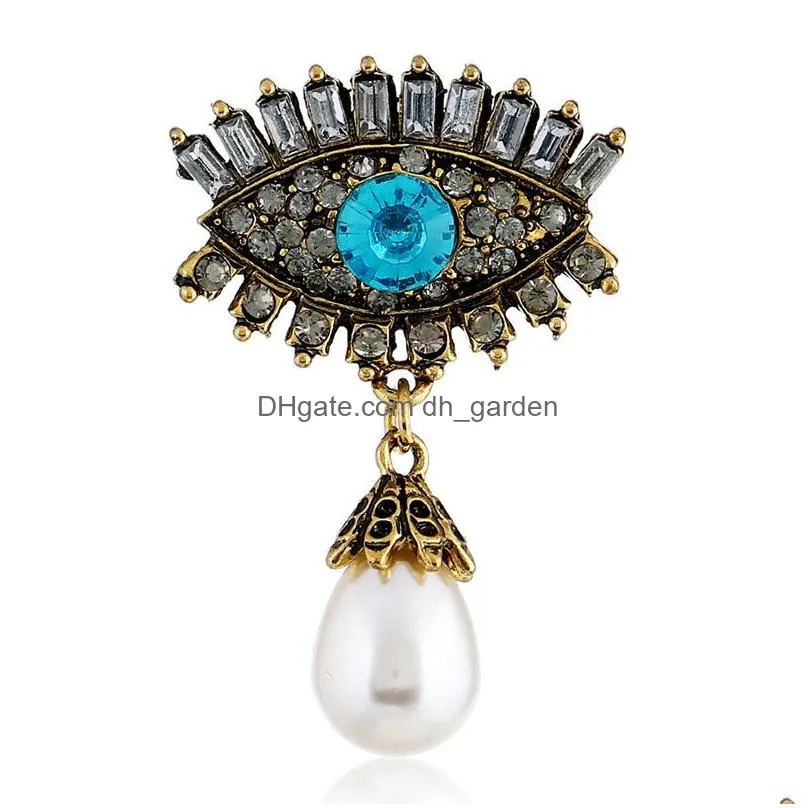 Pins, Brooches Personality Pearl Rhinestone Evil Blue Eye Brooch For Women Men Accessories Vintage Sliver Gold Color Charm Pendant Je Dhaki