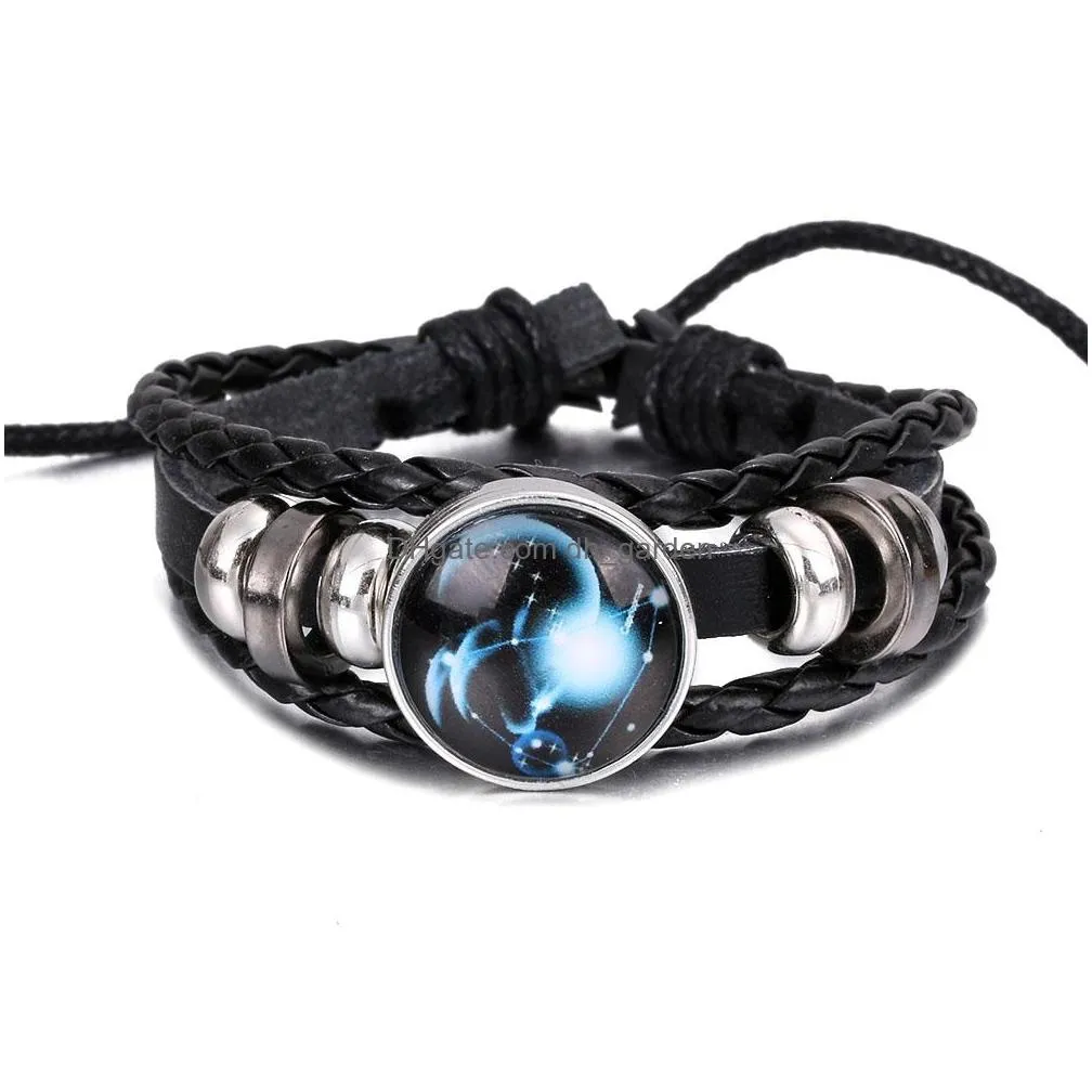 Chain Fashion 12 Zodiac Constellation Black Leather Bracelet Bangle Handmade Personalized Adjustable Mtilayer Braided Birthday Drop D Dhsdt
