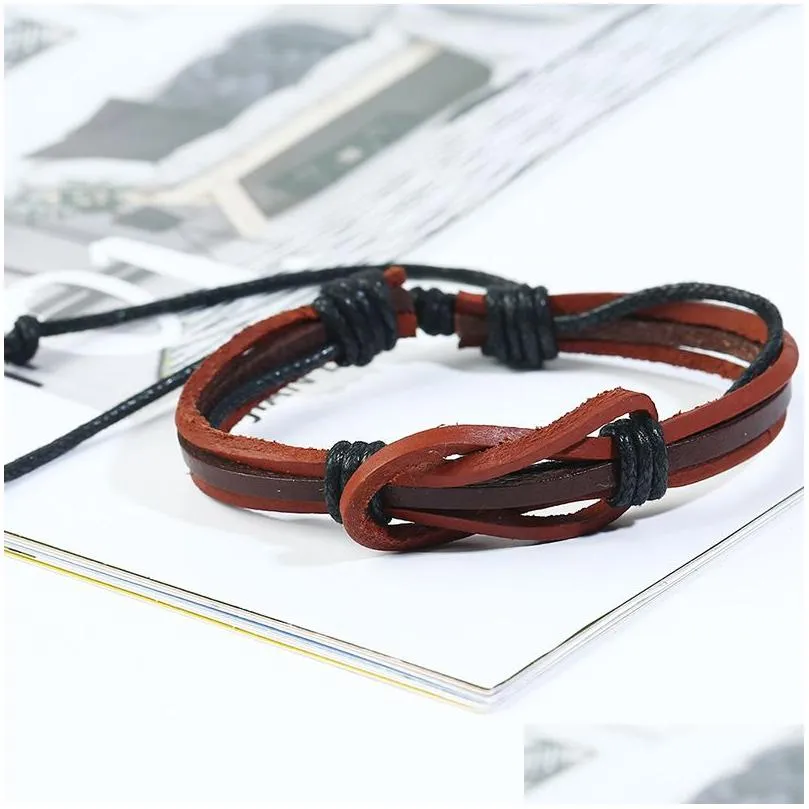 Charm Bracelets Infinity Genuine Leather Bracelets Men Rope Chain Jewelry Snap Clasp Mtilayer Adjustable Wrap Bangles For Women Vinta Dhyzw