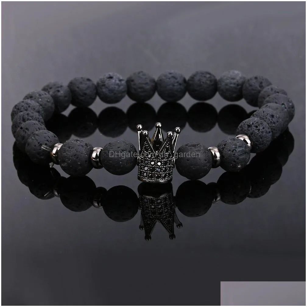 Beaded Arrival 8Mm Lava Stone Beads Bracelet For Women Men Copper Crown Zircon Inlayed Healing Elastic Fashion Jewelry Gift Dhgarden Dhyjs