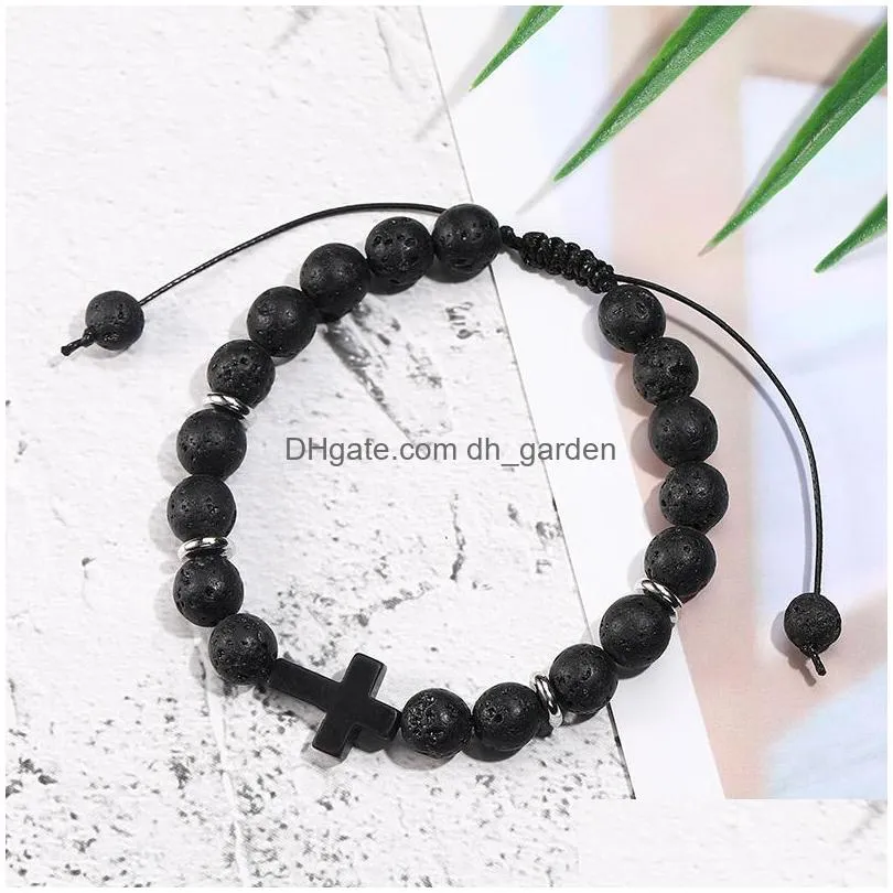 Beaded New Arrival Lava Volcano Stone Agate Beads Bracelet For Men Cross Charm Handmade Adjustable Black Braided Drop Deliv Dhgarden Dhtnz