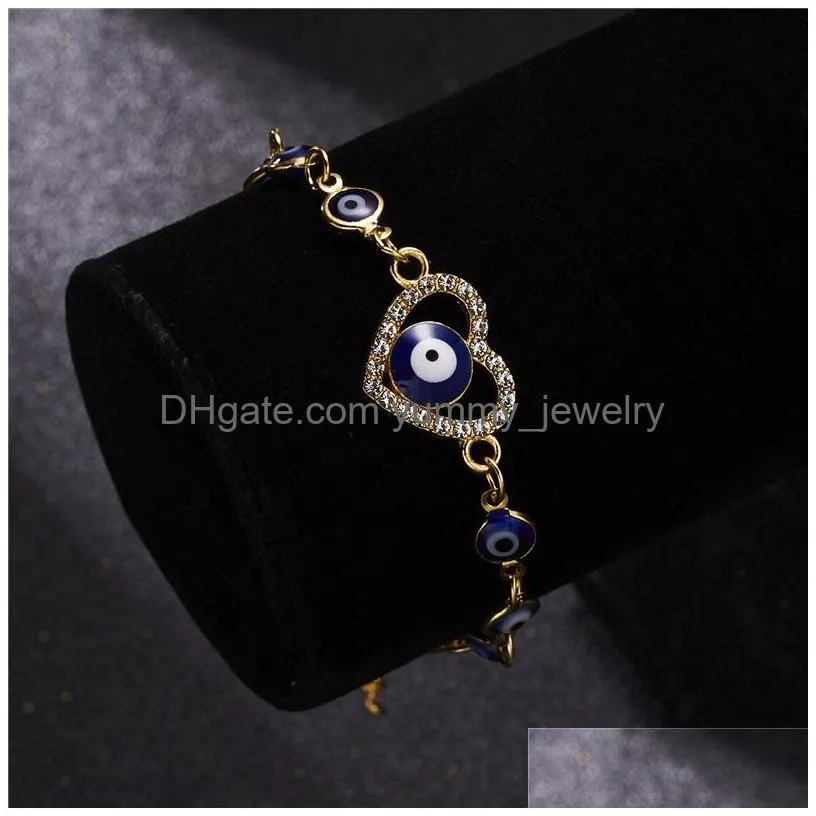 Charm Bracelets Evil Eye Charm Bracelets Palm Starfish Love Heart Blue Eyes Pendant Double Layer Fl Diamond Rhinestone Tennis Chain G Dhrmy