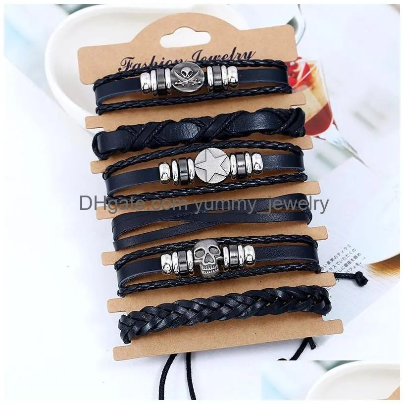 Charm Bracelets Skl Woven Bracelet For Women Fashion Genuine Leather European Charms Star Men Casual Braided Beaded Jewelry Black Vin Dhv0U