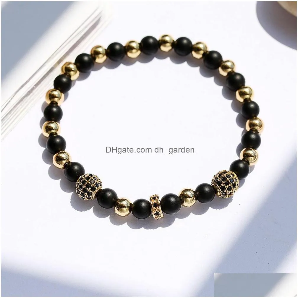 Beaded New Arrival 6Mm Matte Black Natural Stone Beads Elastic Bracelet Fashion Sliver Gold Color Copper Jewelry Charm For Men Drop D Dhq7Y