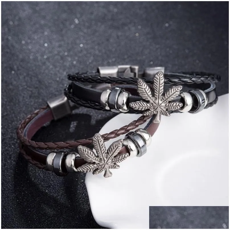 Charm Bracelets Handmade Leather Bracelets Leaf Charms Wristband Braid Bead Bracelet Fashion Man Jewelry New Design Mens Vintage Punk Dhfqd