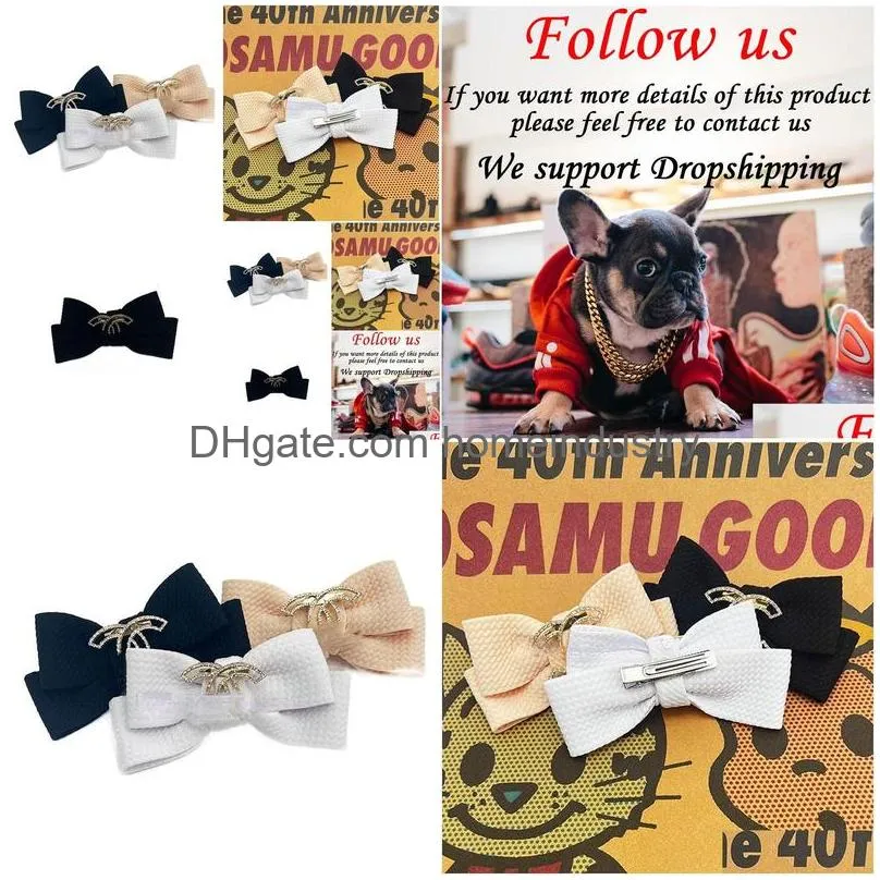 designer dog hair bow with classic letter pattern luxurious puppy hair bows cat topknot pet headdress with rhinestones dog grooming bowknot pet hair accessories