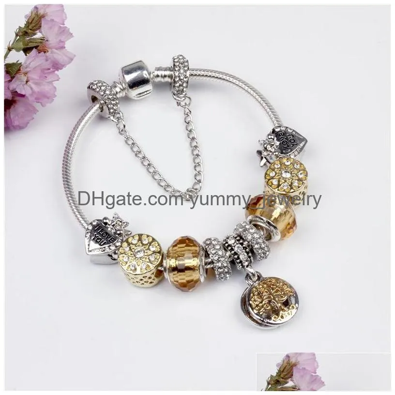 Charm Bracelets Gold Charm Beads Bracelet 925 Sier Heart Crystal Bracelets Strands Tree Life Pendant Beaded Bangle Women Girls Fashio Dhrc3