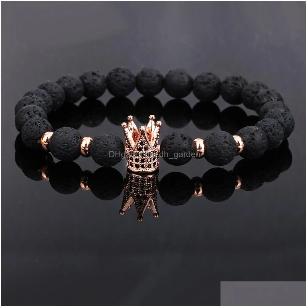 Beaded Arrival 8Mm Lava Stone Beads Bracelet For Women Men Copper Crown Zircon Inlayed Healing Elastic Fashion Jewelry Gift Dhgarden Dhyjs