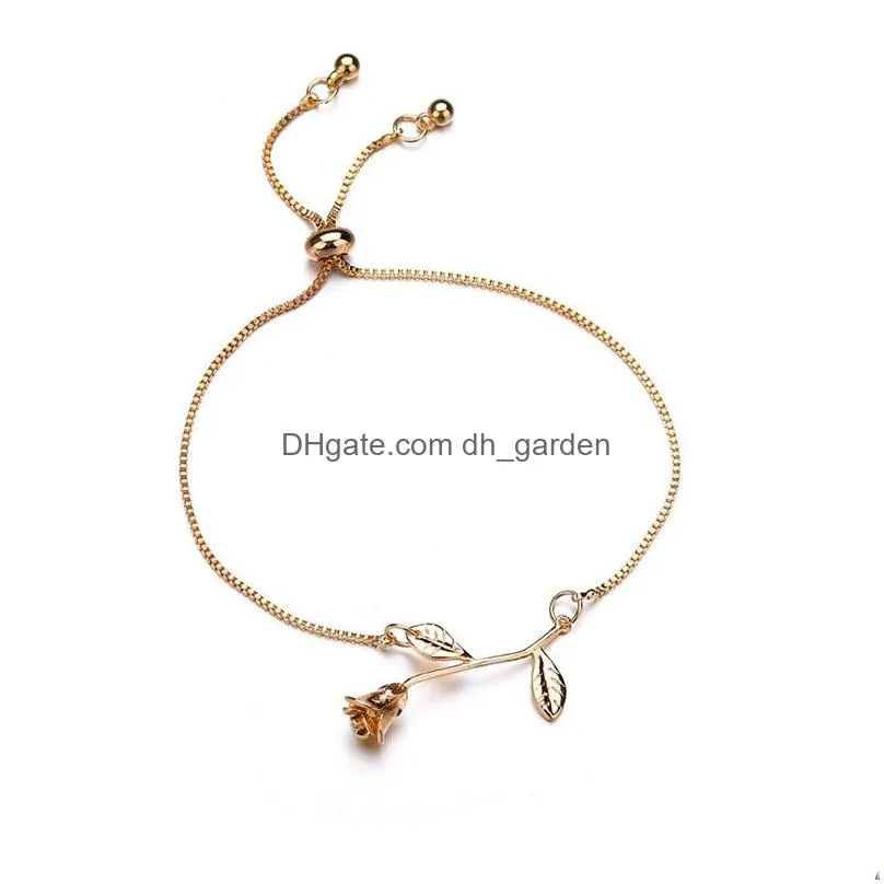 Chain Fashion Adjustable Size Rose Flower Charm Bracelet For Women Girl Gold Sier Alloy Bangle Wedding Jewelry Gift Drop De Dhgarden Dhakb