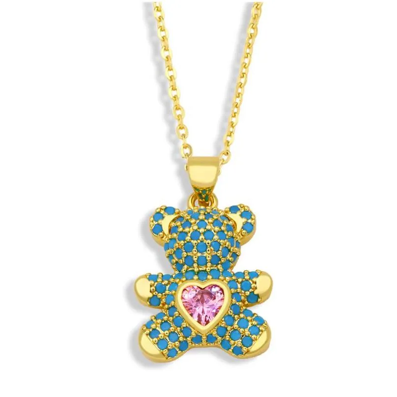 love heart teddy bear necklaces 18k gold plated iced out cz pendant fashion party jewelry gift women cubic zirconia rhinestone animal sweater statement