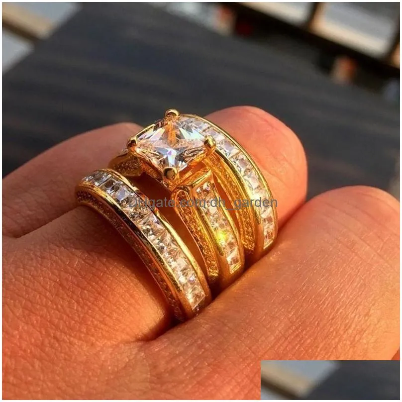Cluster Rings Shining Zircon Square Cut Crystal Wedding Ring Set For Women Men Champagne Fashion Stackable Slive Gold Engag Dhgarden Dhapn