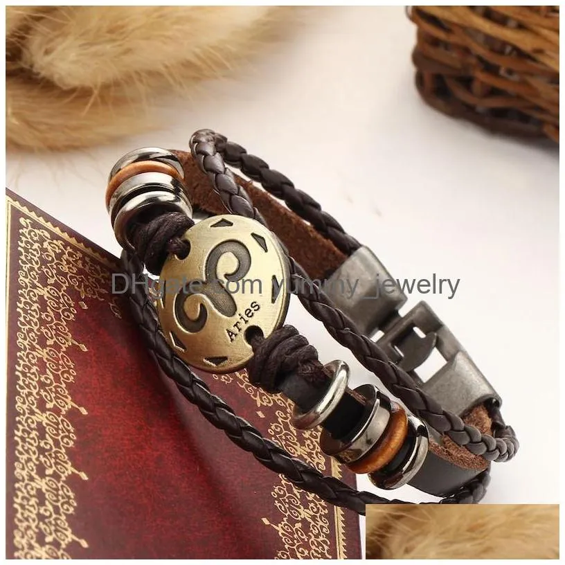 Charm Bracelets 12 Constellations Bracelet Fashion Jewelry Gift Leather Men Casual Personality Zodiac Signs Punk Charm Bracelets For Dhhnt