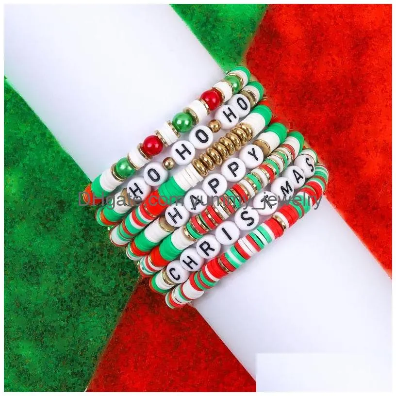 Beaded 7Pcs Christmas Beaded Bracelets Set Holiday Heishi Stretch Strands Red Green Polymer Clay Letter Stackable Friendship Charms S Dhg1G