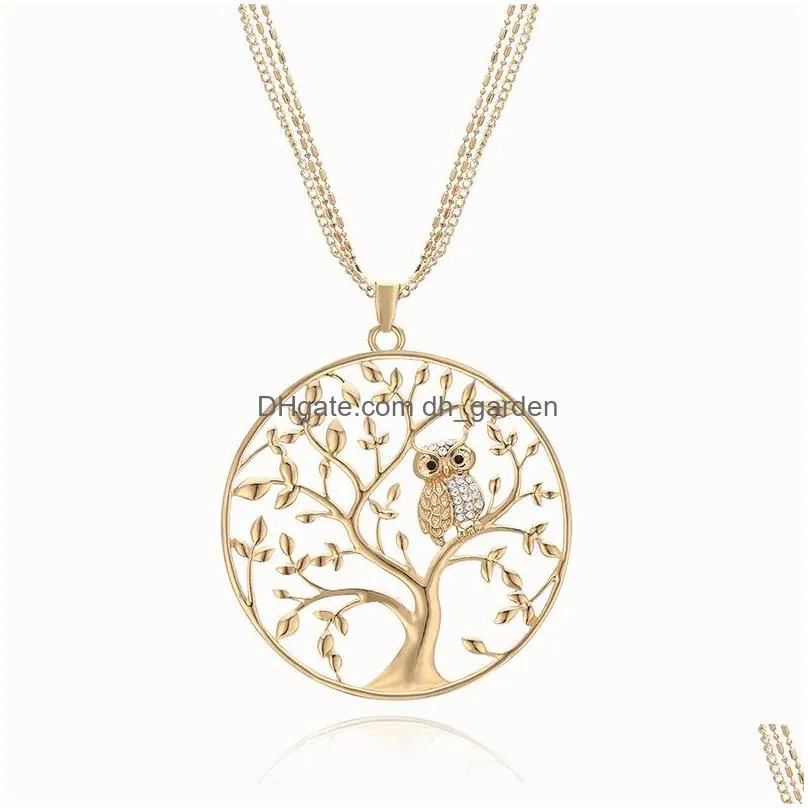 Pendant Necklaces Fashion Cute Life Of Tree Crystal Owl Pendant Necklace For Women Vintage Sier Gold Plated Mtilayer Chain Long Neckla Dhqno