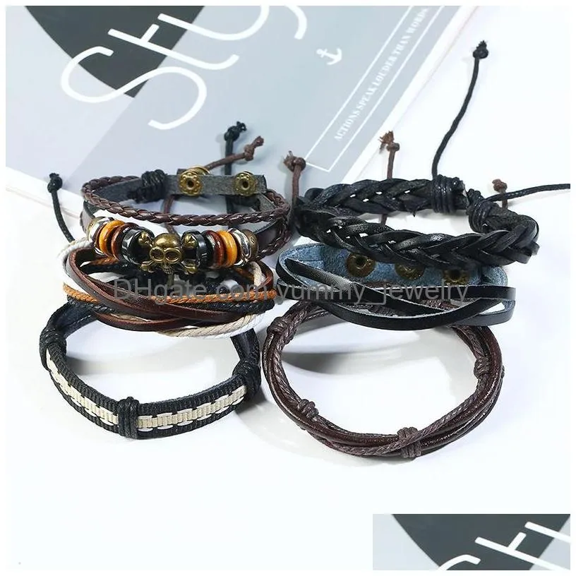 Charm Bracelets Woven Leather Bracelet Alloy Skl Head Wood Beads Charms Metal European American Jewelry For Women Antique Hand Rope C Dhnzn