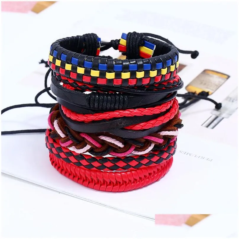 Charm Bracelets Fashion Braid Bracelets Simple Plaid Punk Mti Layer Weaved Wrap Cuff Bangle Mens Adjustable Genuine Leather Charm Jew Dhrec