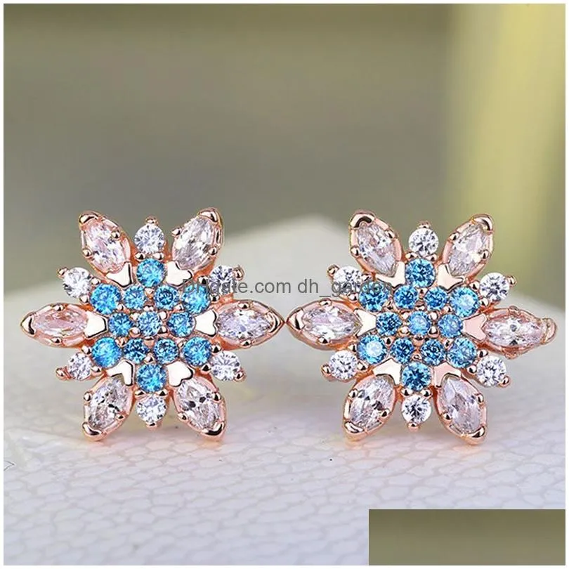 Stud Rose Gold Sier Color Romantic Snowflake Flower Blue Crystals Clear Cz Stud Earrings For Women Boho Wedding Jewelry Exq Dhgarden Dhtpj