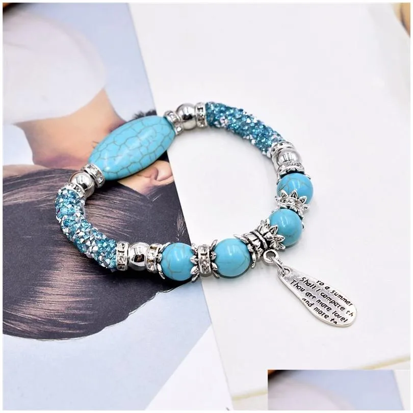 Beaded Turquoise Stone Strands Bracelets Vintage Sier Ethnic Beaded Charm Zinc Alloy Lady Bangle Fashion Beads Jewelry For Girls Wome Dhdxs