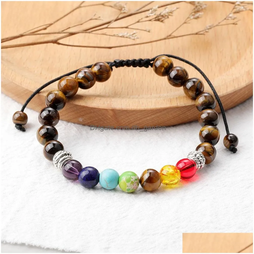 Beaded New Arrival Tiger Eye Beads Bracelet For Men Women 8Mm Natural Stone 7 Chakras Handmade Braided Jewelry Gift Drop De Dhgarden Dhbyz