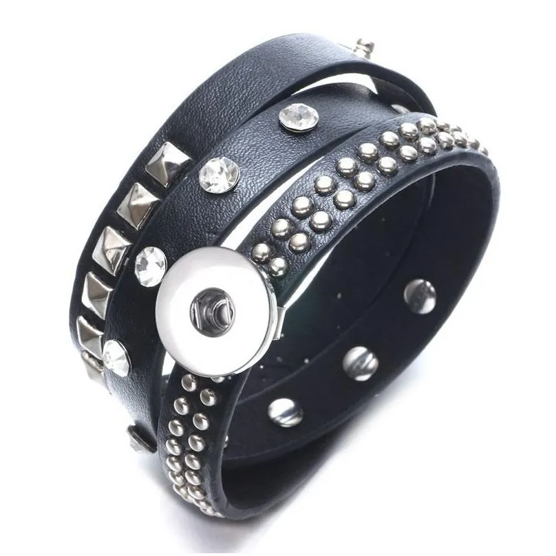 Charm Bracelets 18Mm Diy Noosa Snap Bracelet Charms Black Leather Wrap Jewelry For Women European Rivet Crystal Diamond Punk Bracelet Dhchj