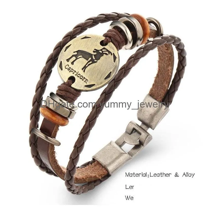 Charm Bracelets 12 Constellations Bracelet Fashion Jewelry Gift Leather Men Casual Personality Zodiac Signs Punk Charm Bracelets For Dhhnt