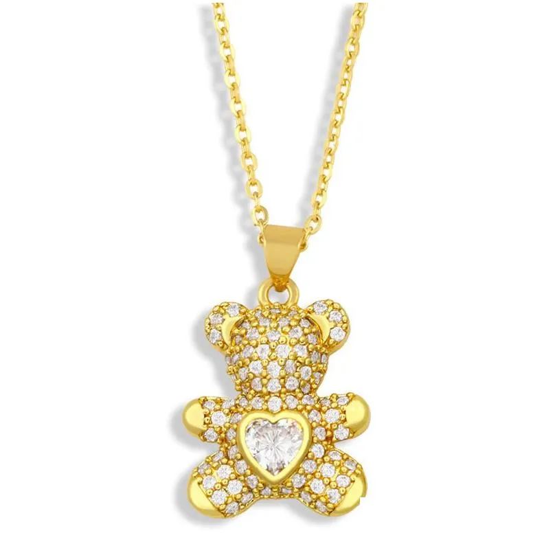 love heart teddy bear necklaces 18k gold plated iced out cz pendant fashion party jewelry gift women cubic zirconia rhinestone animal sweater statement