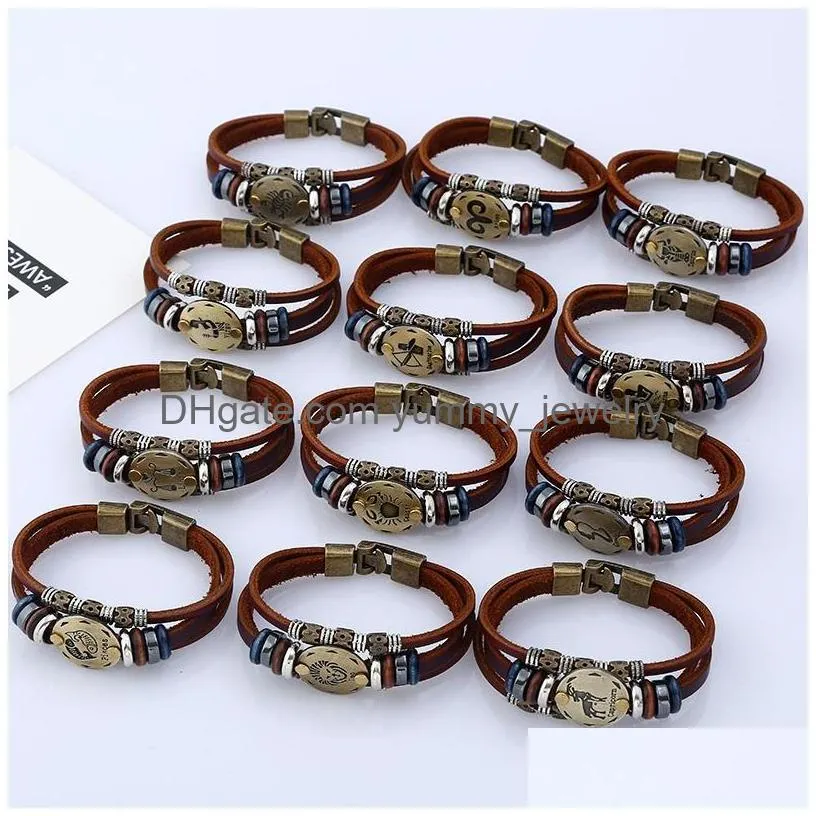 Charm Bracelets 12 Constellation Genuine Leather Bracelets For Women Men Vintage Brown Weave Punk Zodiac Sign Bead Handmade Charm Ban Dhzoc