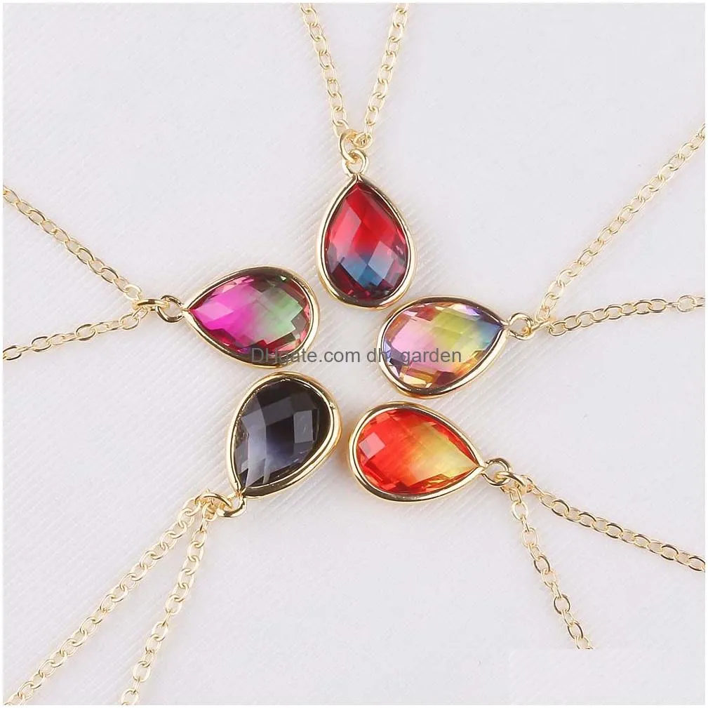 Pendant Necklaces Rainbow Gradient Color Teardrop Glass Crystal Pendant Necklaces For Women Gold Plating Adjusable Fashion W Dhgarden Dhdvh