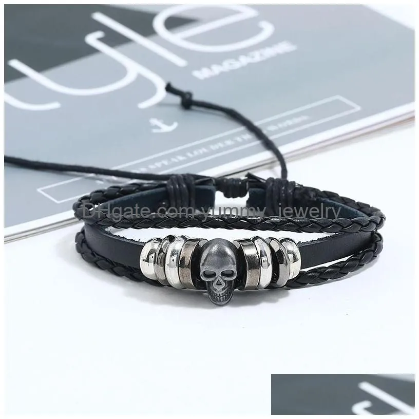 Charm Bracelets Black Skl Bracelets Set Star Beads Jewelry Accessory Punk Genuine Leather Braided Bangle Fashion Retro Wrap Weaved Ha Dharb