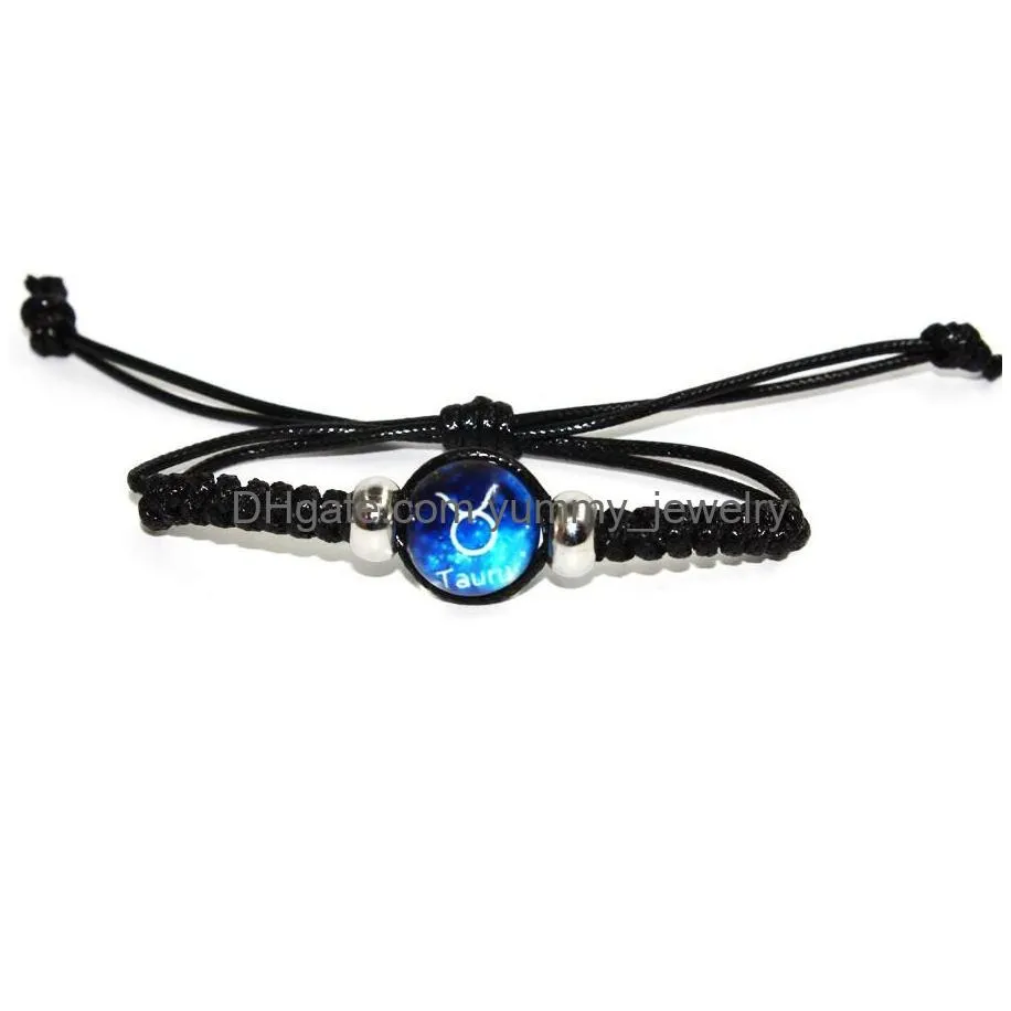 Charm Bracelets Fashion Hand Made Adjustable Leather Bracelets Black Rope Chain Luminous 12 Constellations Zodiac Signs Beads Bangle Dhqke