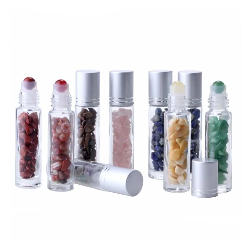 wholesale 10ml natural crystal stone  oil bottles portable gemstone transparent roller ball bottle perfume bottling